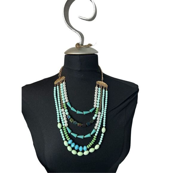 Turquose and faux pearl 5 layer statement necklace - Picture 1 of 13